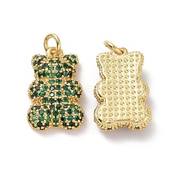 Brass Micro Pave Cubic Zirconia Pendants, with Jump Ring, Bear Charms, Golden, Green, 19x12x4mm, Hole: 3mm(ZIRC-F134-23G-02)