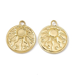 Vacuum Plating 304 Stainless Steel Pendant Cabochon Settings, Flat Round with Sun Pattern, Golden, Tray: 5mm, 21.5x18x2mm, Hole: 2mm(STAS-G278-01G)