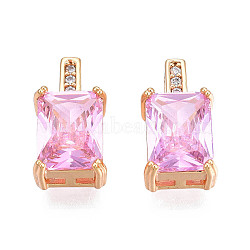 Brass Micro Pave Cubic Zirconia Charms, Real 18K Gold Plated, Flower, Cadmium Free & Nickel Free & Lead Free, Rectangle, Pearl Pink, 12.5x7x5mm, Hole: 1.2mm(KK-N216-345C)