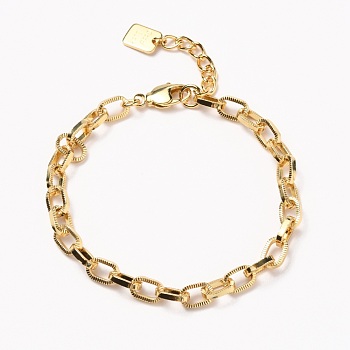Brass Cable Chain Bracelets, with Lobster Claw Clasps, Long-Lasting Plated, Word Good Luck, Textured, Real 18K Gold Plated, 7-3/8 inch(18.8cm)
