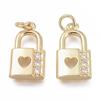 Brass Micro Pave Clear Cubic Zirconia Pendants, with Jump Ring, Lock with Heart, Real 18K Gold Plated, 18x10x3.5mm, Hole: 3mm, Jump Ring:5x0.8mm