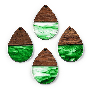 Transparent Resin & Walnut Wood Pendants, Teardrop Charms, Green, 36x24.5x3.5mm, Hole: 2mm