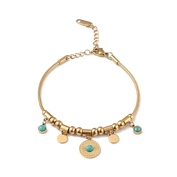 Synthetic Turquoise Flat Round Charm Bracelet, Ion Plating(IP) 304 Stainless Steel Jewelry for Women, Golden, 7 inch(17.8cm)