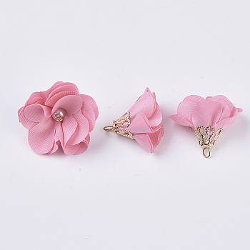 Handmade Cloth Pendant Decorations, with Alloy Findings, Flower, Pink, 24~26x24~25mm, Hole: 2mm