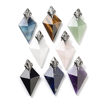 Natural Mixed Stone Pendants, Faceted Kite Charms with Antique Silver Plated Brass Findings, 46.5x24x11mm, Hole: 4.5mm