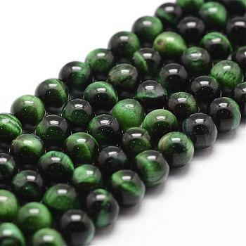 Natural Tiger Eye Bead Strands, Dyed & Heated, Round, Green, 6mm, Hole: 1mm, about 61pcs/strand, 14.9 inch~15.1 inch