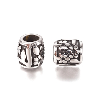 304 Stainless Steel European Beads, Large Hole Beads, Column with Flower, Antique Silver, 10.5x11.5mm, Hole: 6mm