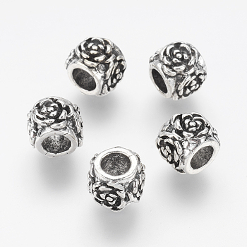 Alloy European Beads, Large Hole Beads, Rondelle with Flower Pattern, Antique Silver, 10x8mm, Hole: 5mm