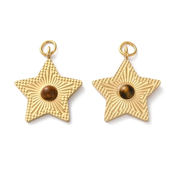 Natural Tiger Eye Star Pendants, Ion Plating(IP) 304 stainless Steel Pentagram Charms, Real 18K Gold Plated, 17x15x3mm, Hole: 2.8mm