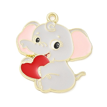 Alloy Enamel Pendants, Golden, Elephant with Heart Charm, Red, 29x26x1.5mm, Hole: 1.8mm