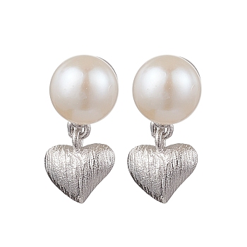 Natural Pearl Ear Studs, with Sterling Silver Findings, Heart, Platinum, 15x8mm