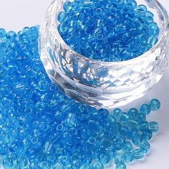 Glass Seed Beads, Transparent, Round, Round Hole, Deep Sky Blue, 8/0, 3mm, Hole: 1mm, about 1111pcs/50g, 50g/bag, 18bags/2pounds