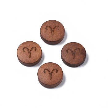 Laser Engraved Wood Beads, Flat Round with 12 Constellations, Dyed, Camel, Aries, 12x4mm, Hole: 1.6mm