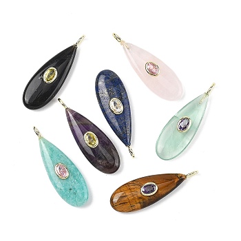 Natural Mixed Gemstone Pendants, Teardrop Charms with Brass Micro Pave Cubic Zirconia(Random Color) Findings, Golden, Mixed Dyed and Undyed, 41x13x7mm, Hole: 2.5x4mm