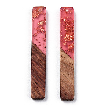 Transparent Resin & Walnut Wood Big Pendants, with Gold Foil, Rectangle Charm, Light Coral, 51.5x7.5x3mm, Hole: 1.8mm