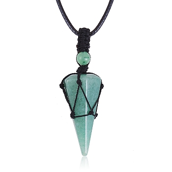 Natural Green Aventurine Cone Braided Pendant Necklace, Gemstone Wrapped Jewelry for Women, 31.18 inch~33 inch(79.2~84cm)