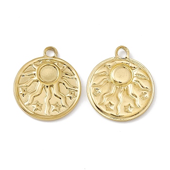 Vacuum Plating 304 Stainless Steel Pendant Cabochon Settings, Flat Round with Sun Pattern, Golden, Tray: 5mm, 21.5x18x2mm, Hole: 2mm
