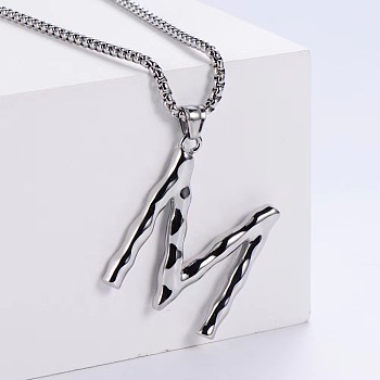 3Pcs Stainless Steel Textured Letter Pendant Box Chain Necklaces, Stainless Steel Color, Letter M