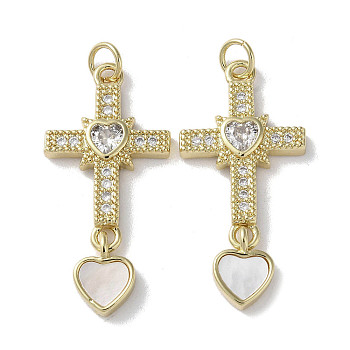 Brass Micro Pave Cubic Zirconia Pendants, with Shell, Cross & Heart, Real 18K Gold Plated, 32x15x3.5mm, Hole: 3mm