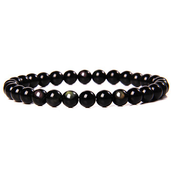 Natural Golden Sheen Obsidian Stone Round Beaded Stretch Bracelet, 