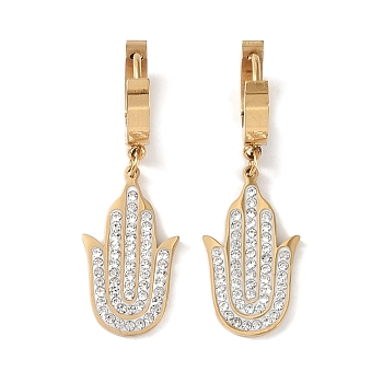 Hamsa Hand 304 Stainless Steel Polymer Clay Rhinestone Dangle Earrings, Hoop Earrings for Women, Real 18K Gold Plated, 36x13mm