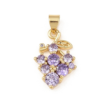 Brass Pave Cubic Zirconia Pendants, Grape Charm, Long-Lasting Plated, Cadmium Free & Lead Free, Real 18K Gold Plated, Lilac, 20.5x14x3.5mm, Hole: 5x3.5mm