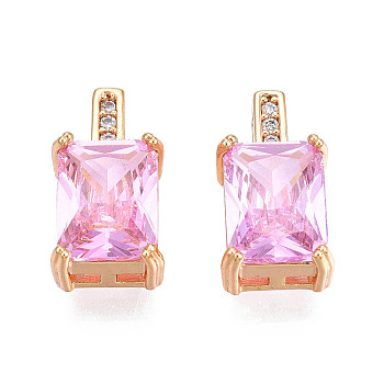 Brass Micro Pave Cubic Zirconia Charms, Real 18K Gold Plated, Flower, Cadmium Free & Nickel Free & Lead Free, Rectangle, Pearl Pink, 12.5x7x5mm, Hole: 1.2mm