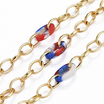 Handmade Brass Cable Chains Chains, with Acrylic Quick Link Connector, Soldered, Real 18K Gold Plated, Blue, Link: 8x6x1mm, Acrylic: 11x7x2.5mm