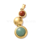 Natural Red Jasper and Natural Green Aventurine  Pendants, 304 Stainless Steel Flat Round Charms, Ion Plating(IP), Golden, 35.5x15x6~7mm, Hole: 5x3mm(STAS-C120-12G-10)