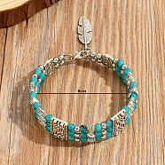 Synthetic Turquoise Beaded Triple Layer Multi-strand Bracelet, with Zinc Alloy Feather Charms, Turquoise, Inner Diameter: 2-3/8 inch(6cm)(LK3030)