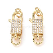 Brass Micro Pave Clear Cubic Zirconia Lobster Claw Clasp, with Jump Rings, Long-Lasting Plated, Real 18K Gold Plated, 19.5x8.5x5.5mm, Jump Ring: 6x1mm, Hole: 4mm(ZIRC-L076-071G)