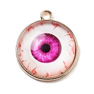 Halloween Theme Glass Pendants, with Golden Alloy Fingdings, Flat Round with Evil Eye, Fuchsia, 23x20x6.5mm, Hole: 2.5mm(GLAA-P067-01G-04)