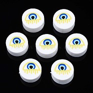 Handmade Polymer Clay Beads, Flat Round with Evil Eye, White, 9.5~10x4.5mm, Hole: 1.6mm(CLAY-N007-004-10)