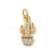 Real 18K Gold Plated Brass Pave Cubic Zirconia Pendants, with Jump Rings, Cactus, Clear, 14x6.5x2.5mm, Hole: 3mm(KK-M283-05B-G)