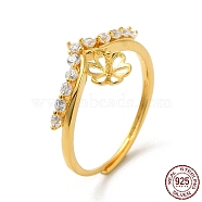 925 Sterling Silver Micro Pave Cubic Zirconia Adjustable Cuff Ring Settings, for Half Drilled Beads, Flower, with S925 Stamp, Real 18K Gold Plated, US Size 6 3/4(17.1mm), Pin: 0.9mm(STER-NH0001-57G)