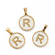 Vacuum Plating 304 Stainless Steel with White Shell Pendants, Golden, Flat Round with Letter Charm, Letter.R, 18x16x1.5mm, Hole: 3x6mm(STAS-G268-01R-G)