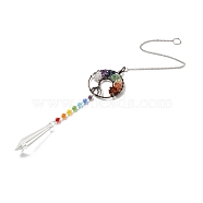 Chakra Theme Gemstone Pendant Decoration, Hanging Suncatcher, with Brass Rings, Flat Round Alloy Frame and Iron Findings, Bullet, Colorful, 435x2mm, Hole: 10mm(AJEW-P098-17P)