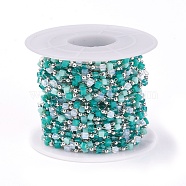 Handmade Glass Beaded Chains, Soldered, with Brass Findings, with Spool, Long-Lasting Plated, Real Platinum Plated, Cube, Dark Cyan, 2.3~2.8x2.3~2.8x2.3~2.8mm, 2mm, about 32.8 Feet(10m)/roll(CHC-F008-A14-P)