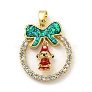 Christmas Brass Micro Pave Cubic Zirconia Pendant, with Enamel and Synthetic Opal, Christmas Wreath, Dark Cyan, 25.5x22.5x5.5mm, Hole: 5x3mm(KK-H468-01B-02G)
