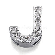 Alloy Letter Slide Charms, with Crystal Rhinestone, Cadmium Free & Lead Free, Platinum, Letter.J, 21x16x7mm, Hole: 3x18.5mm(RB-F034-01J-P-RS)