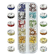 156Pcs 12 Styles Brass with Iron Rhinestone Spacer Beads, Grade A, Straight Flange, Silver Color Plated, Rondelle, Mixed Color, 7~8x3.5~3.8mm, Hole: 1.5~2mm, 13pcs/style(FIND-FS0002-44)