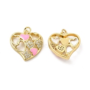 Real 18K Gold Plated Brass Micro Pave Clear Cubic Zirconia Pendants, with Jump Ring & Enamel, Hollow Asymetrical Heart Charm, Pink, 20x20x5mm, Hole: 3.5mm(KK-E068-VB214-1)
