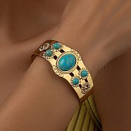 Resin Oval Beaded Open Cuff Bangle, Light Gold Iron Jewelry for Women, Turquoise, Inner Diameter: 2x2-5/8 inch(5x6.55cm)(BJEW-F452-01B)