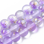 Frosted Spray Painted Glass Beads Strands, with Golden Foil, Round, Medium Purple, 8~9mm, Hole: 1.2~1.5mm, about 46~56pcs/Strand, 14.37 inch~16.3 inch(36.5~41.4cm)(X-GLAA-N035-03C-C05)