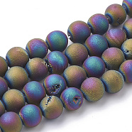 Electroplate Natural Druzy Geode Weathered Agate Beads Strands, Frosted, Dyed, Round, Multi-color Plated, 6~6.5mm, Hole: 1.5mm, about 65pcs/strand, 15.5 inch(G-S284-6mm-04)