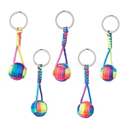Nylon Braided Ball with Wood Round Keychains, with 304 Stainless Steel Findings, Colorful, 8.95~9cm(KEYC-JKC00480)