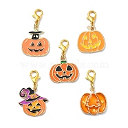 5Pcs 5 Styles Halloween Pumpkin Alloy Enamel Pendant Decorations, Lobster Clasp Charms for Bag Ornaments, Orange, 34mm, 1pc/style(PALLOY-JF02818)