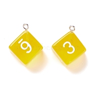 Transparent Acrylic Pendants, with Iron Finding, Dice, Yellow, 28x21x16mm, Hole: 2mm(TACR-D007-01P-02)