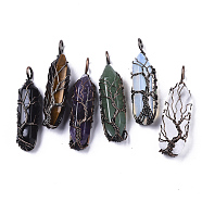 Natural & Synthetic Mixed Gemstone Big Wire Wrapped Pendants, with Brass Wires, prismatic with Tree of Life, Red Copper, 48~62x14~17x13~18mm, Hole: 4x5~6mm(G-T133-R02)