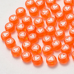 Transparent Acrylic Beads, Flat Round with Heart, Orange, 7x4mm, Hole: 1.8mm, about 3700pcs/500g.(TACR-R139-01E)